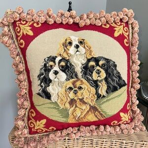 Vintage embroidered with fringe Pillow Cavalier King Charles spaniel dogs ♥️